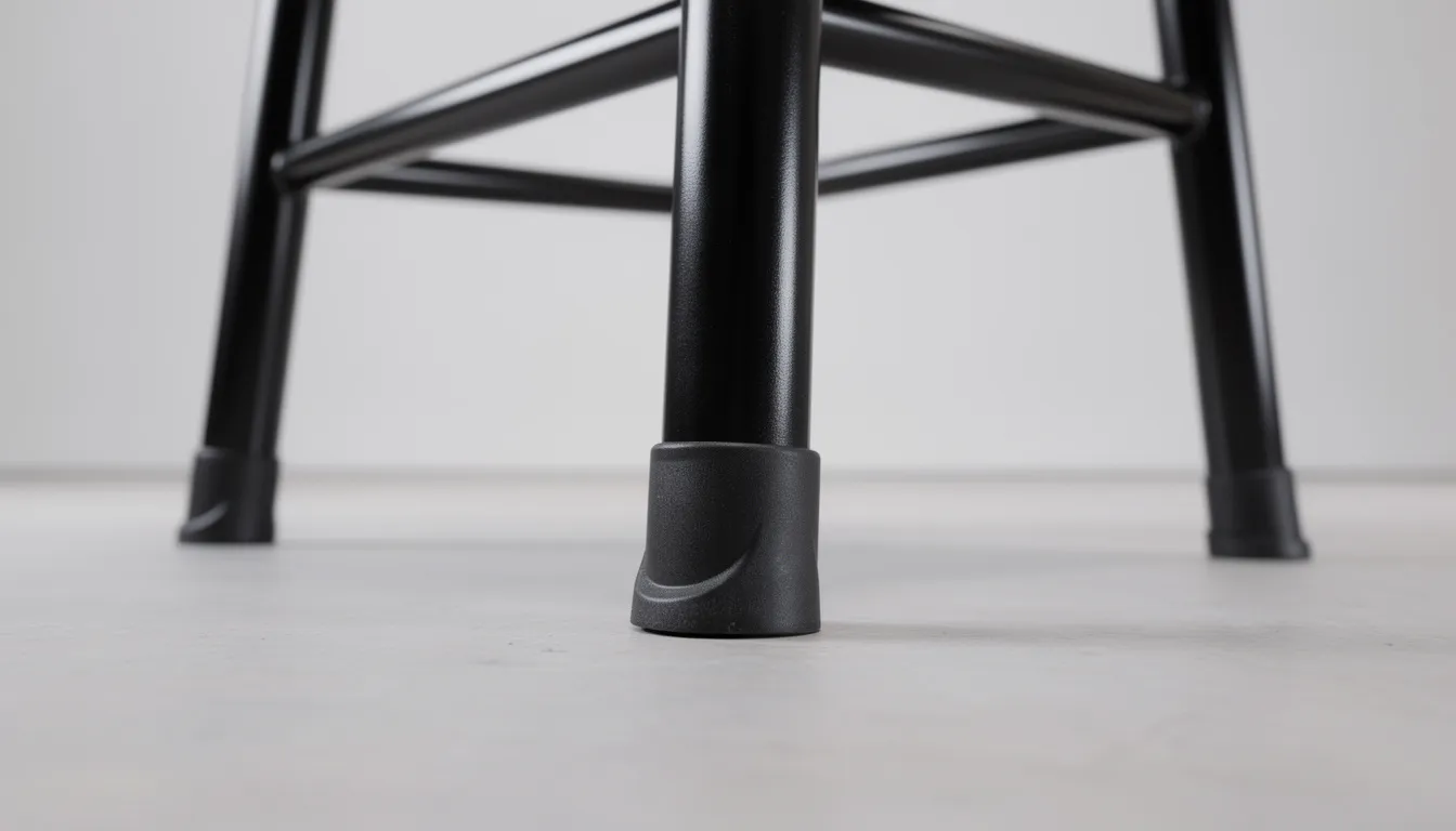 A close-up view of a sturdy metal chair frame is displayed, featuring rubber floor glides for enhanced durability and protection on various surfaces. This image highlights the practical design of stacking chairs, ideal for businesses looking to maximize comfort and space efficiency.