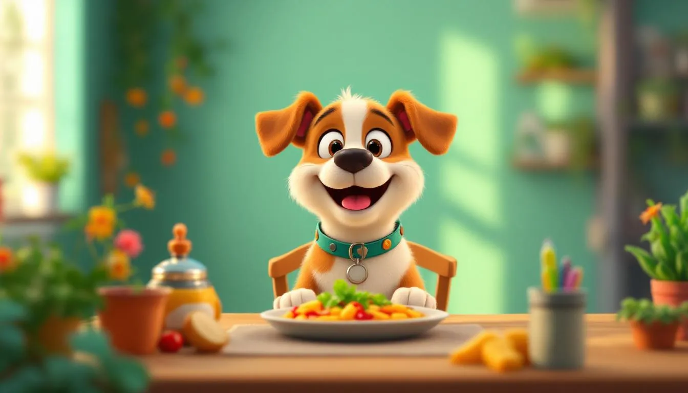 A happy dog enjoying a personalized meal, representing pet nutrition.