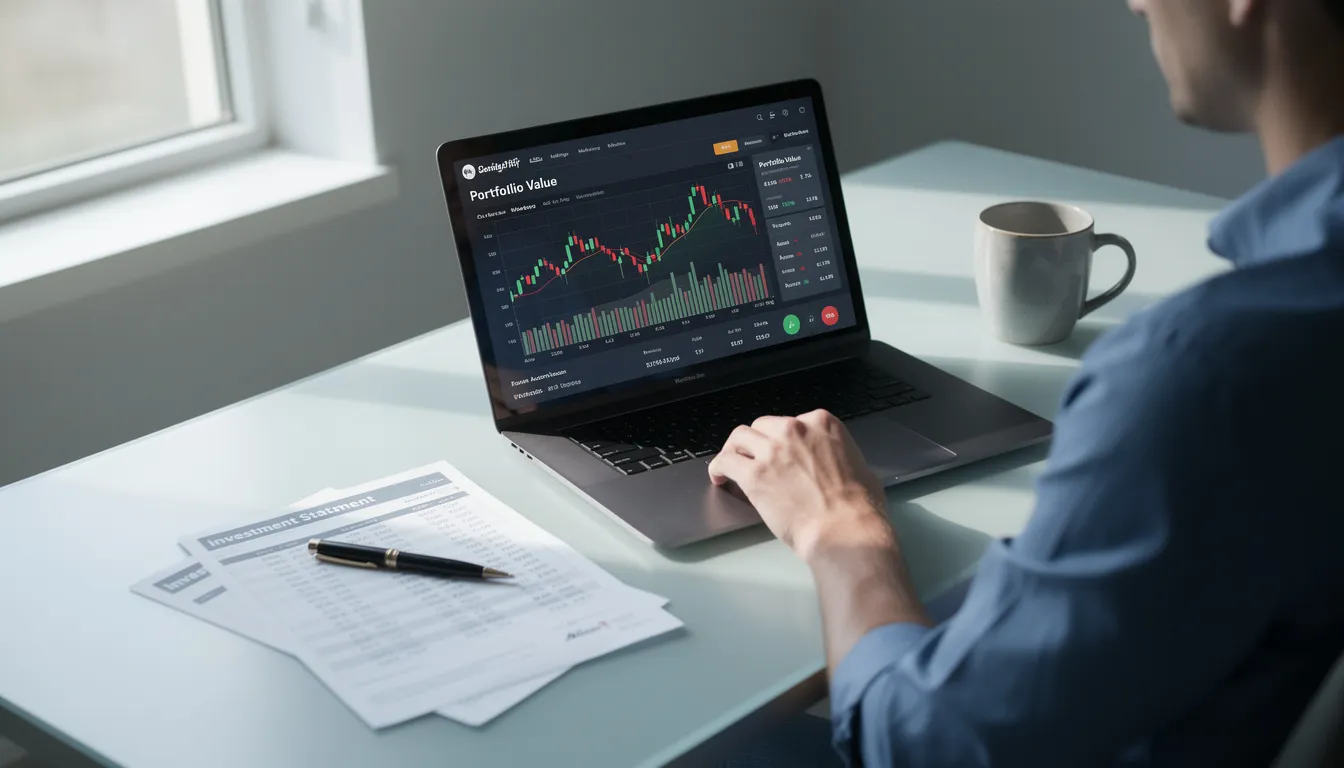 A person is sitting at a desk, intently reviewing investment statements on a laptop, with various financial charts displayed on the screen. The scene suggests a focus on retirement planning, highlighting the importance of managing retirement savings and investment strategies for future financial well-being.