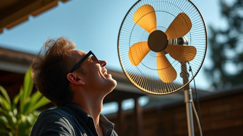 A person enjoying breezy air from an outdoor fan