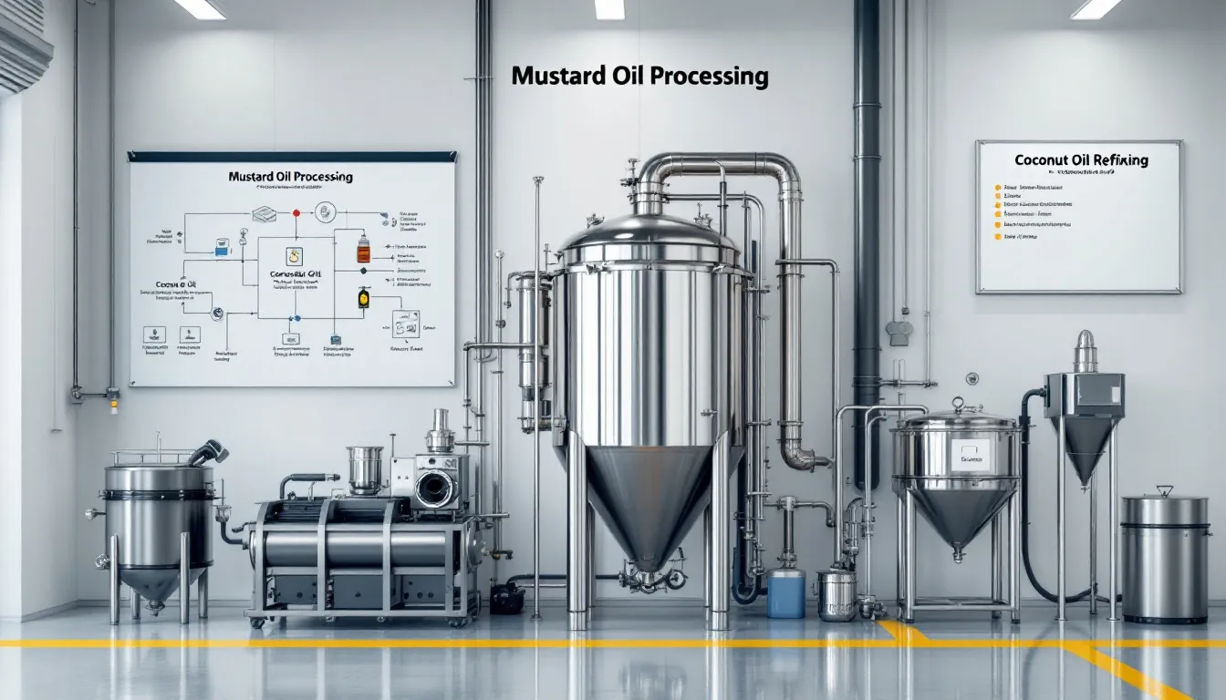 Various types of oils that can be processed in a mini oil mill, including mustard oil and coconut oil.