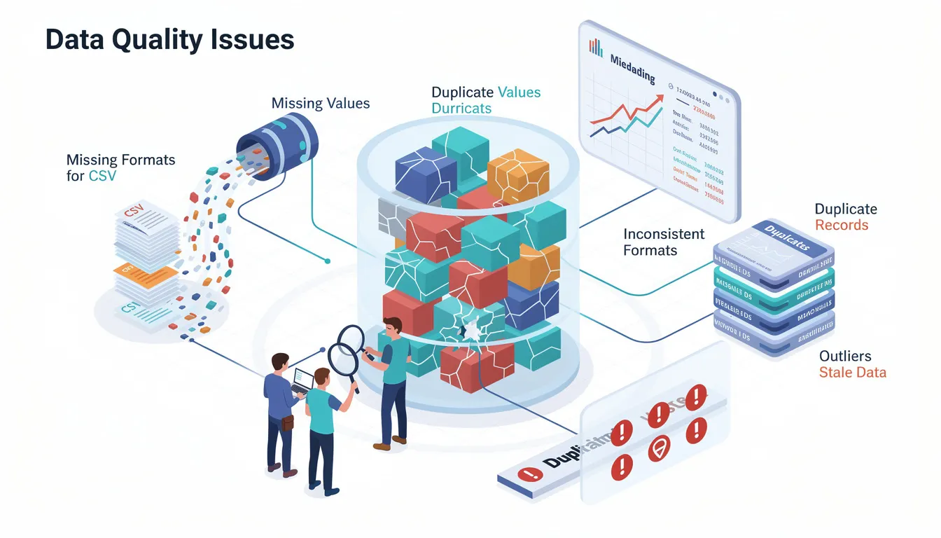 The image illustrates various data quality issues encountered in business operations, highlighting the challenges of implementing AI automation and intelligent process automation. It features elements representing data analysis, error reduction, and the importance of human oversight in ensuring data integrity within automated systems.