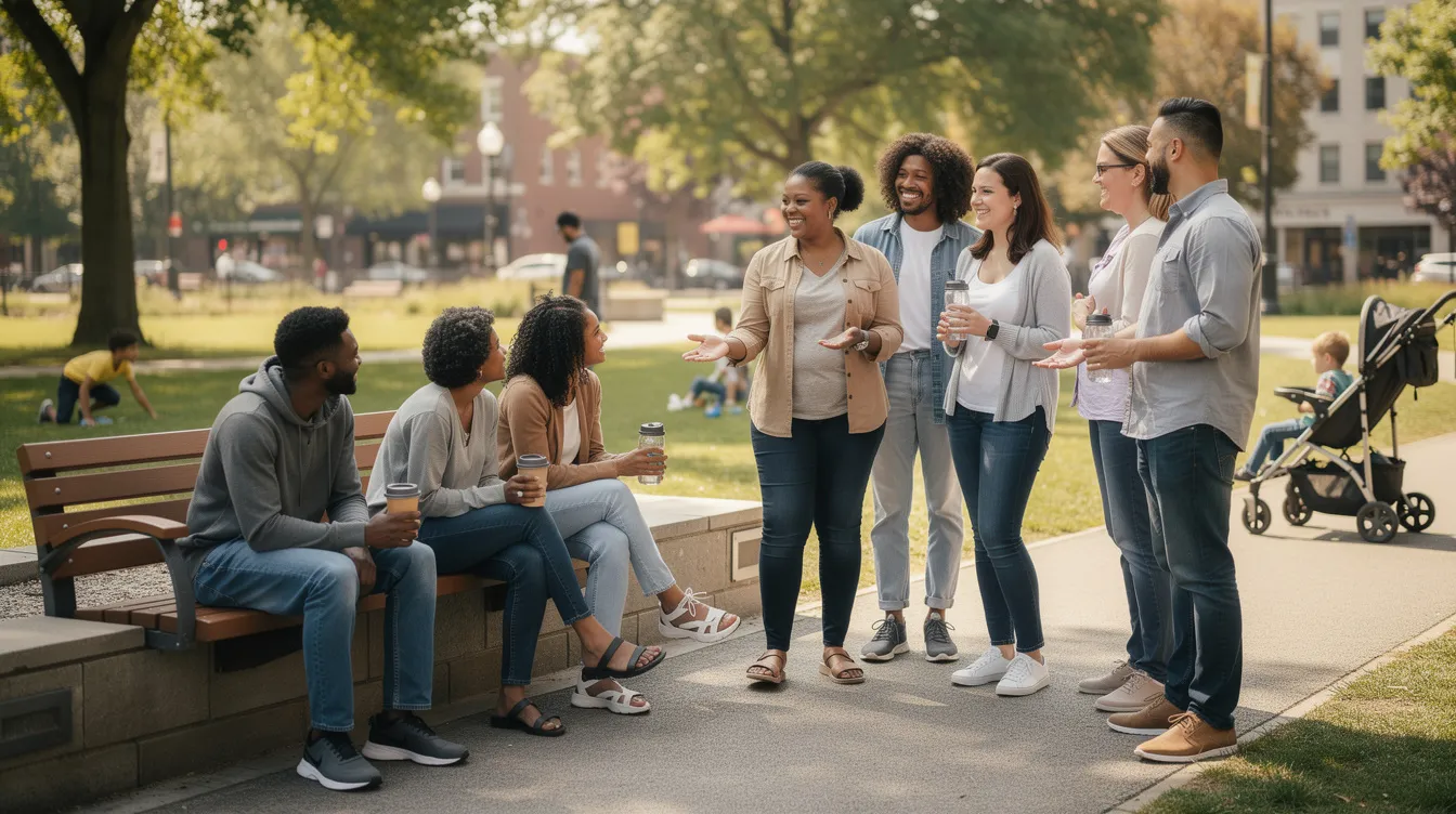 A diverse group of individuals is gathered outdoors in a community setting, where some are sitting on benches while others stand, all engaged in friendly conversations. This scene reflects the importance of supportive relationships and social well-being, which are essential for promoting good mental health and preventing mental health conditions.