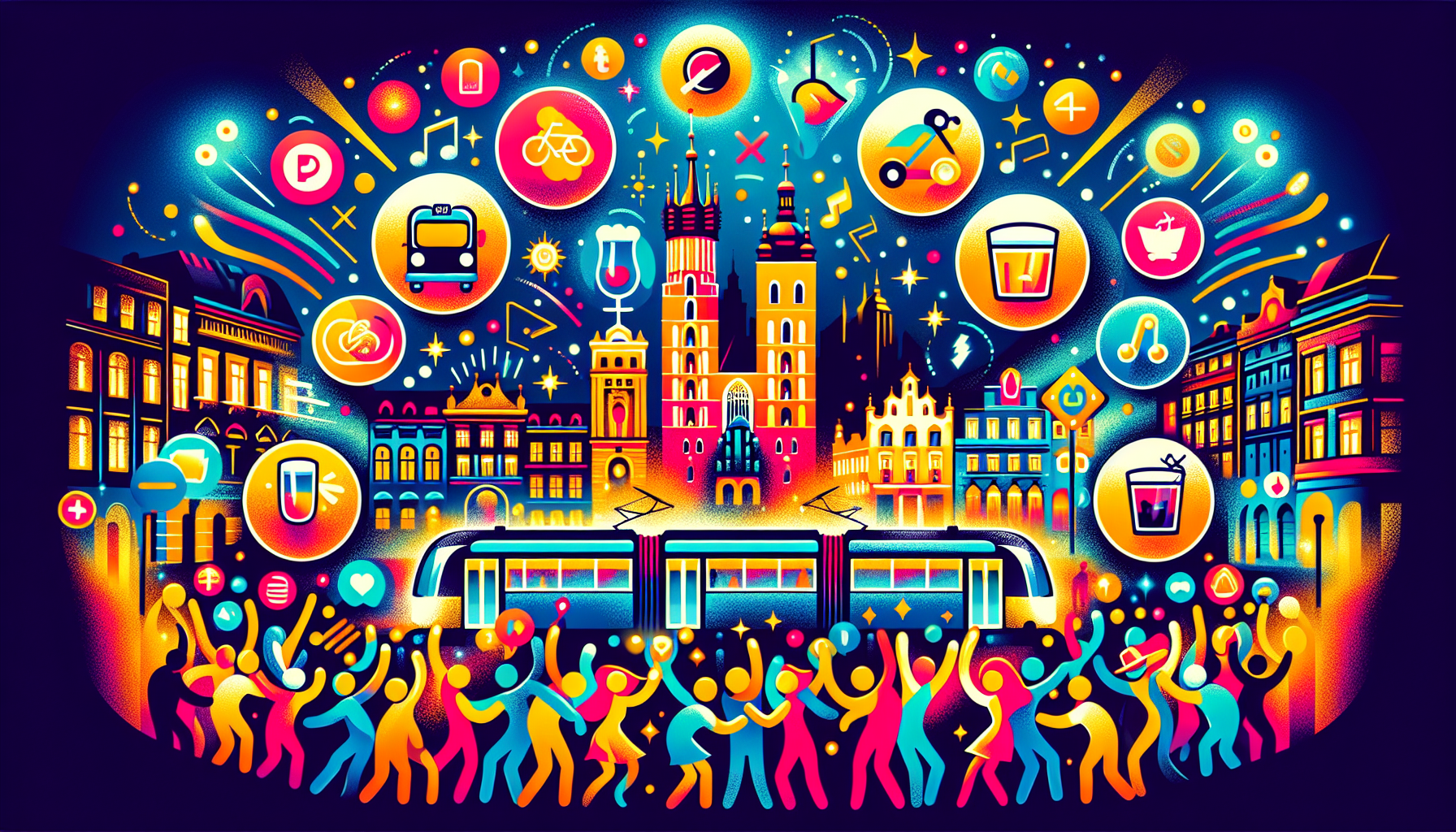 Eine Illustration mit wichtigen Tipps für ein sicheres Nachtleben in Krakau.