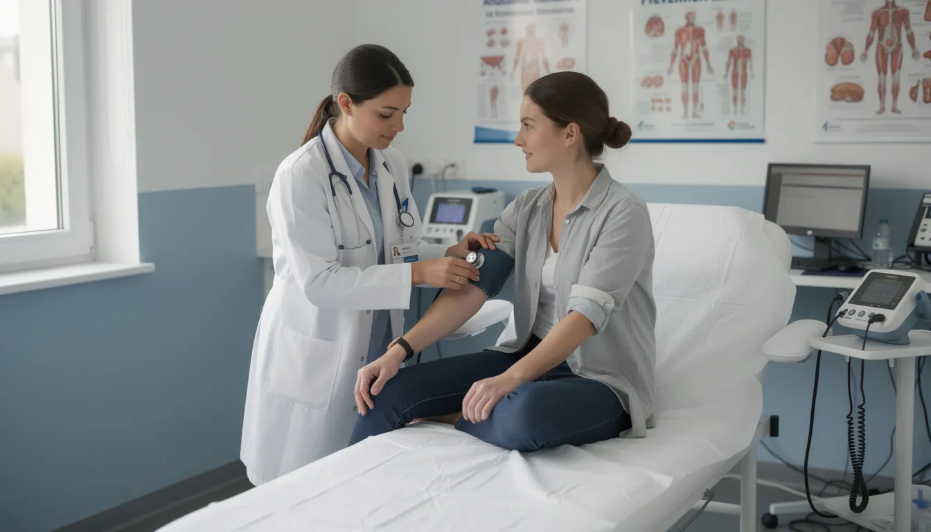 Un médecin examine une patiente dans un cabinet médical, discutant des symptômes de migraine et des traitements possibles, tels que l'utilisation de contraceptifs. L'ambiance est professionnelle et calme, propice à un examen clinique approfondi.