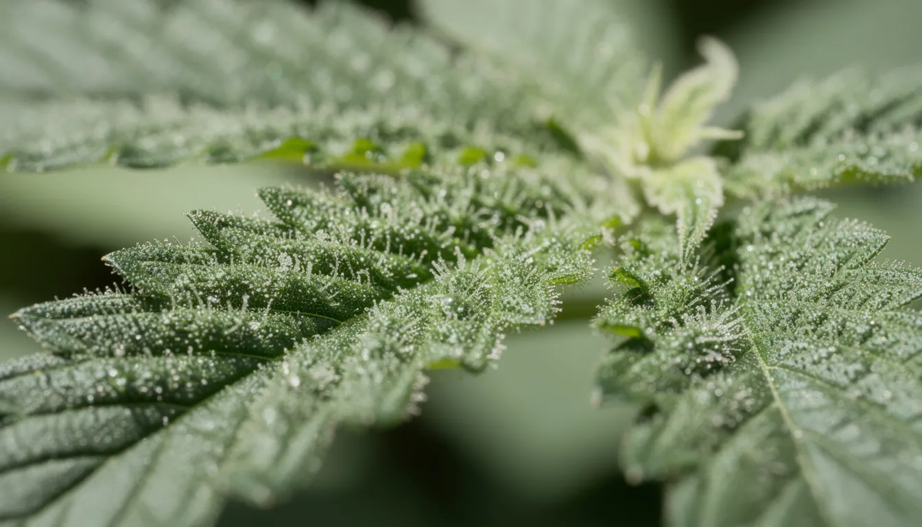 Die Nahaufnahme zeigt grüne Cannabisblätter, die mit feinen Trichomen bedeckt sind, die die Cannabinoide enthalten. Diese Details verdeutlichen die Struktur der Cannabispflanze und ihre potenziellen Wirkungen, die für Konsumenten von Interesse sind.