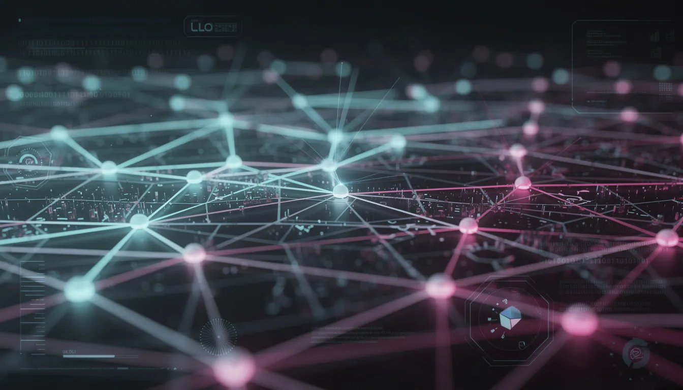 The image depicts a network of interconnected nodes with vibrant data streams and information flowing between them, symbolizing the evaluation framework used for assessing large language models (LLMs). This visual representation highlights the complexities of evaluating LLM outputs and the importance of structured metrics in understanding model capabilities.