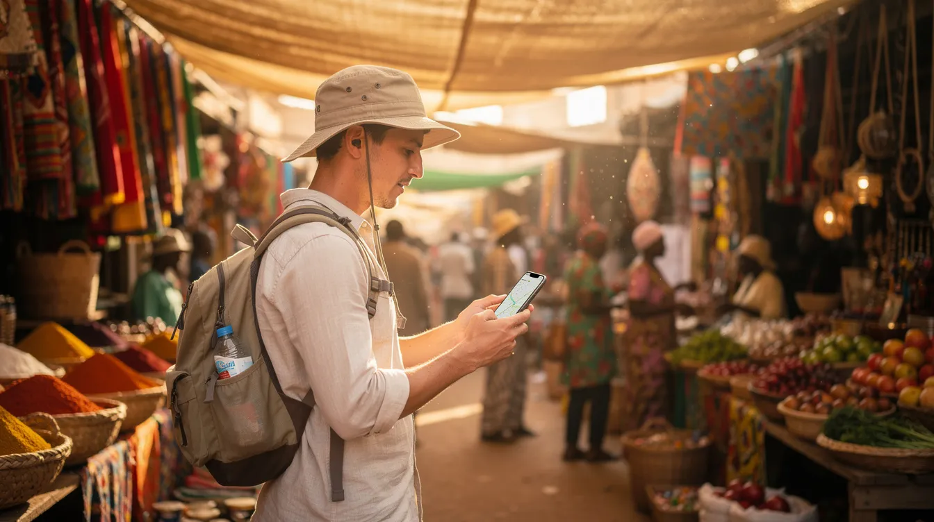 Podróżnik używa telefonu z mapą na afrykańskim bazarze w Tunezji.