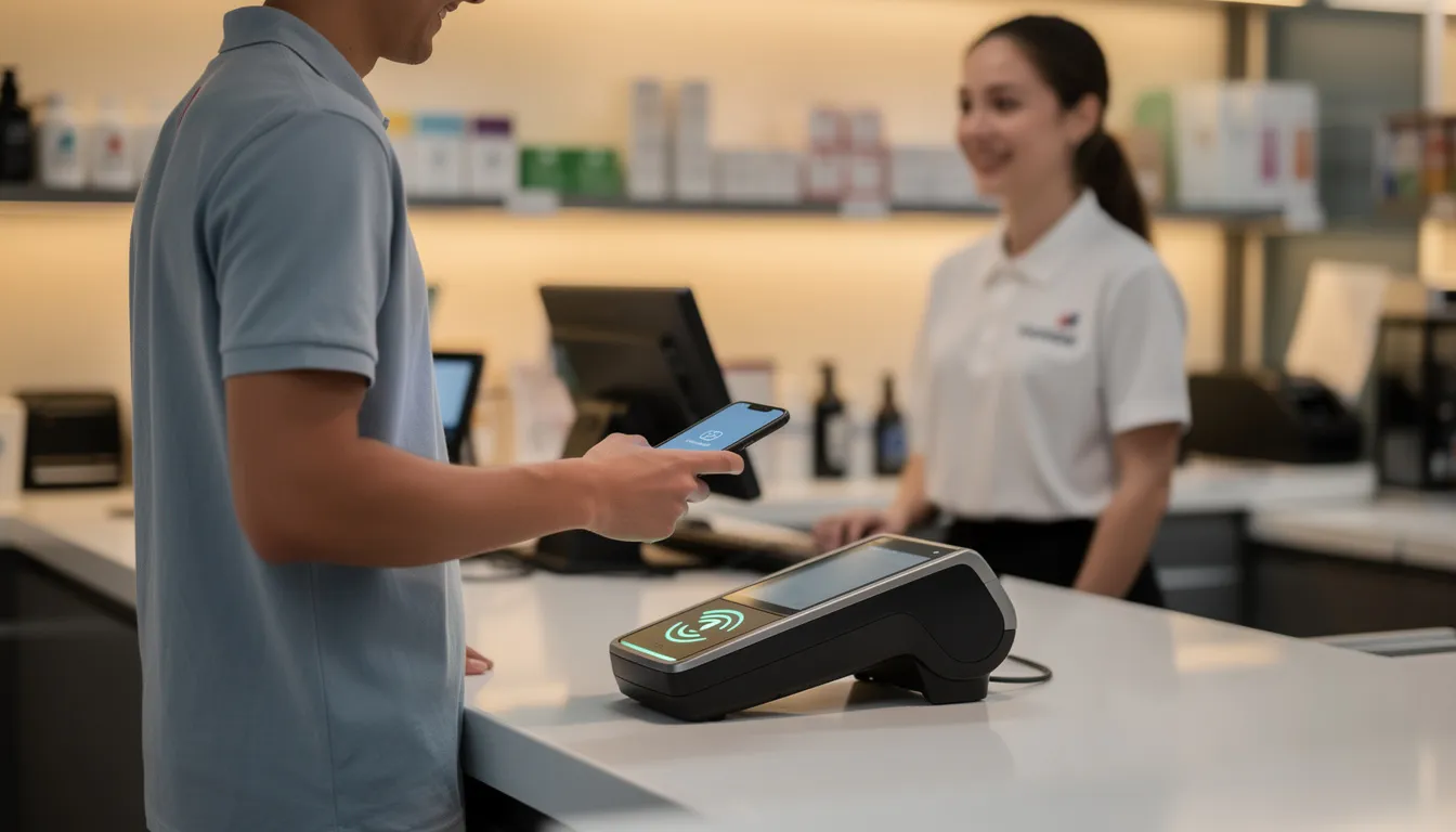 A customer is using a contactless payment method at a retail counter, holding a debit or credit card near a card payment terminal. This transaction showcases the convenience of modern payment systems, allowing for quick and secure payment without the need for physical cash.
