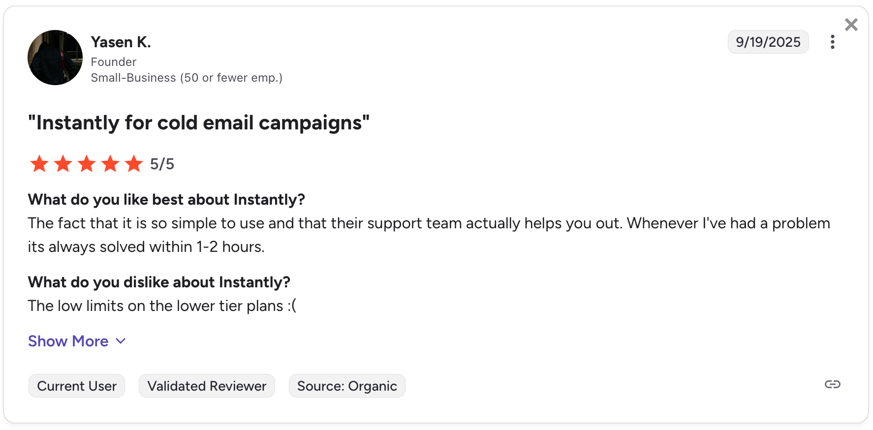 Instantly user review screenshot