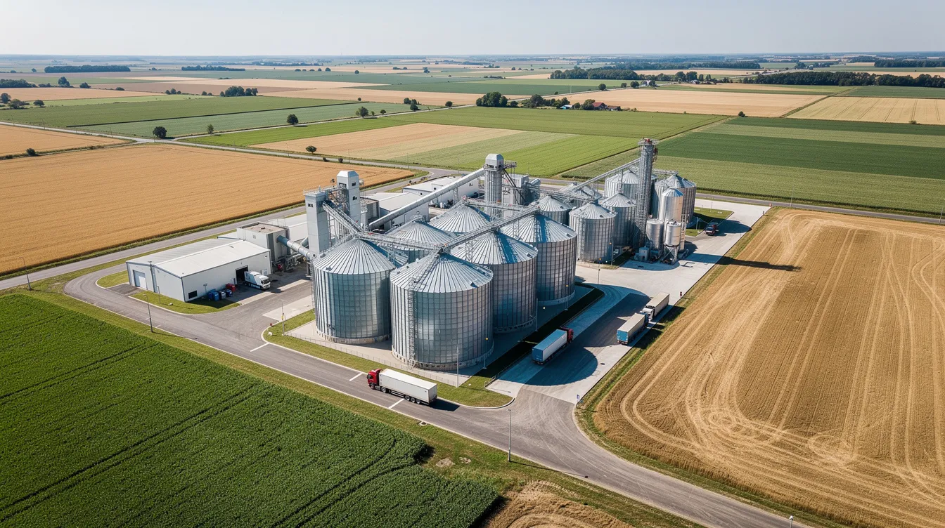 cbbdee72 29a7 48a7 a888 e7b72275b5be An aerial view of a grain processing and storage facility showcases metal silos and a loading area, surrounded by expansive agricultural land. This facility is integral to the food processing industry, emphasizing efficient wheat flour production and consistent flour quality through advanced milling processes and machinery.
