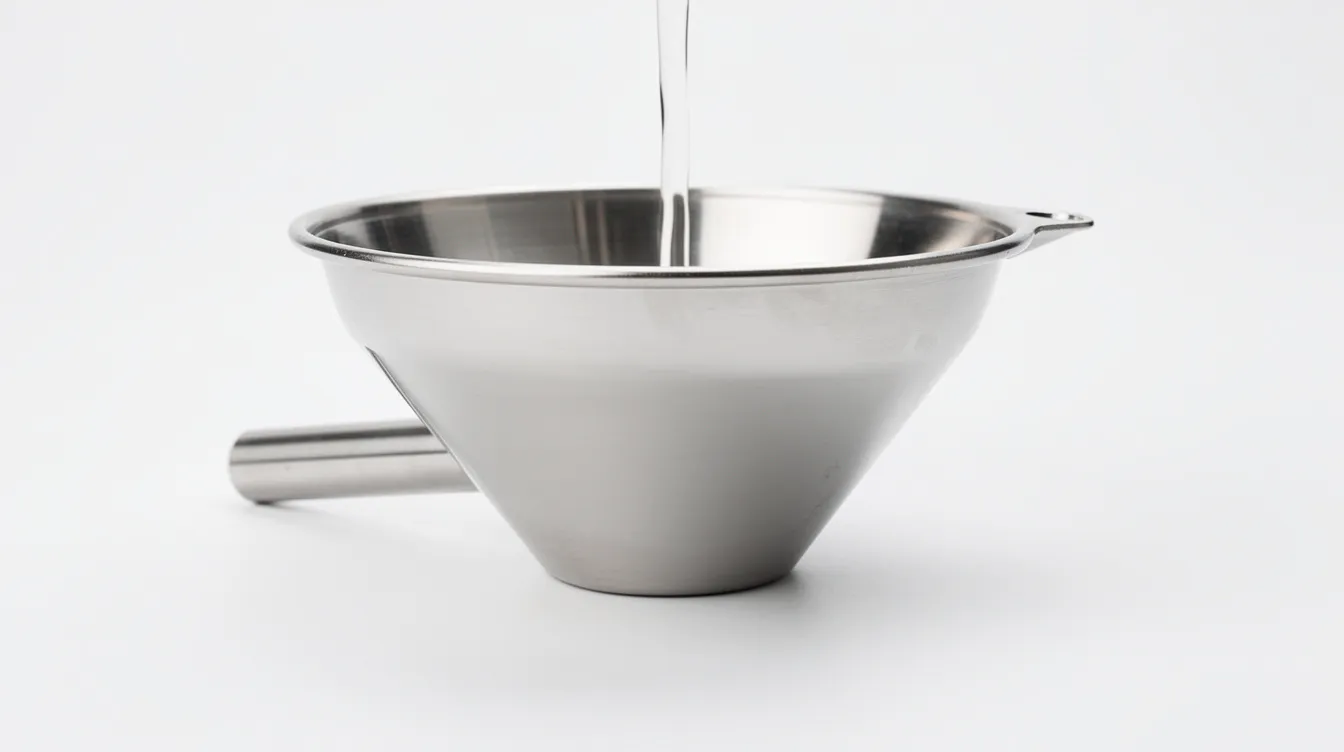 The image depicts a wide metal funnel positioned on a clean white surface, with liquid being poured into it from the top, symbolizing the concept of funnel marketing and the process of generating leads. This visual metaphor illustrates the journey of potential customers as they move through the different stages of the sales funnel.