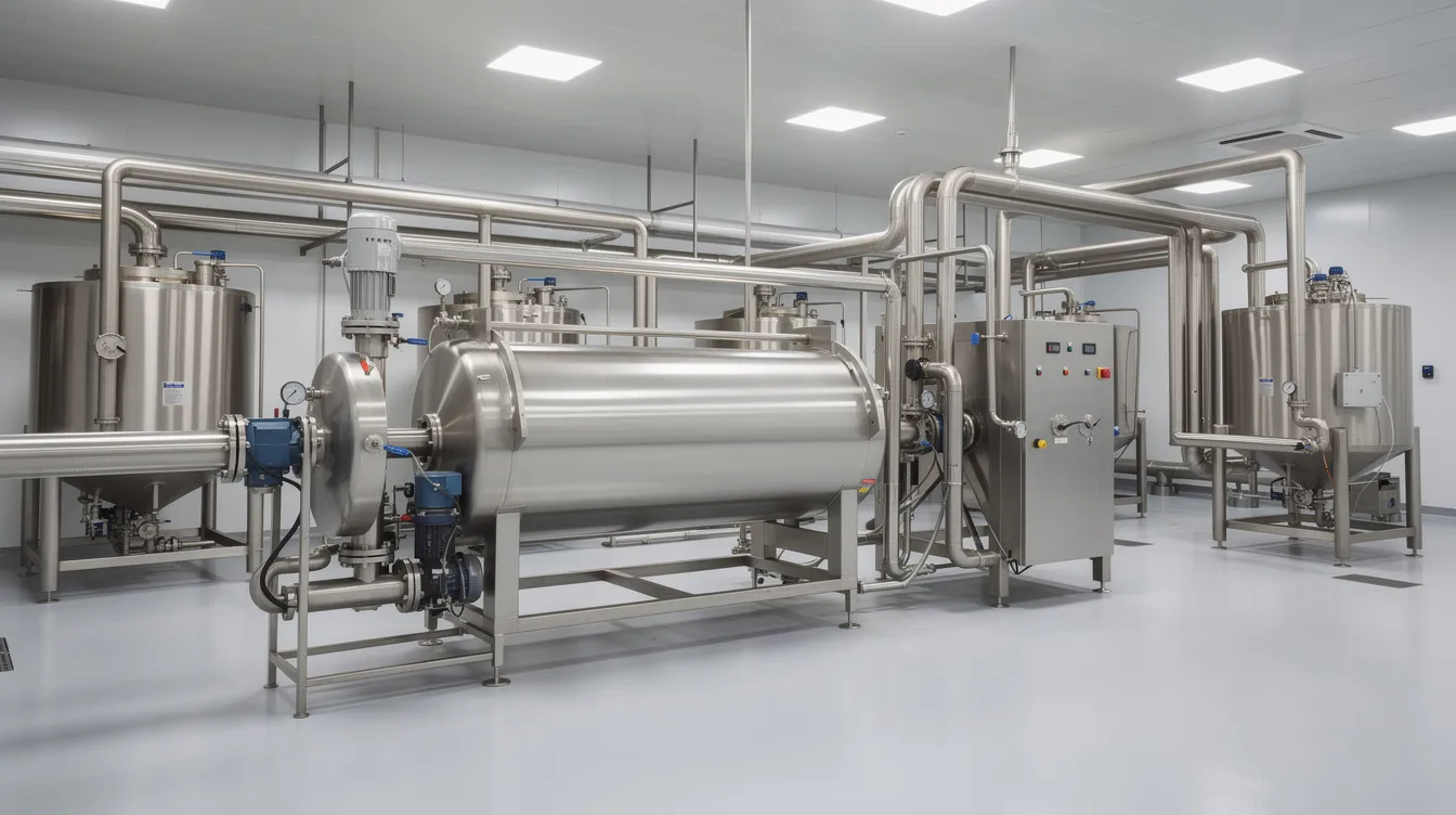 cbc11e0c 635e 49d2 bbd2 7ebee1febc2d The image depicts a stainless steel centrifuge and separation equipment within an industrial food processing plant, highlighting the essential machinery used in the pulses processing sector to enhance production capacity utilization and maintain quality control systems. This setup is crucial for efficient plant operations, contributing to the sustainable growth of the global pulses market.