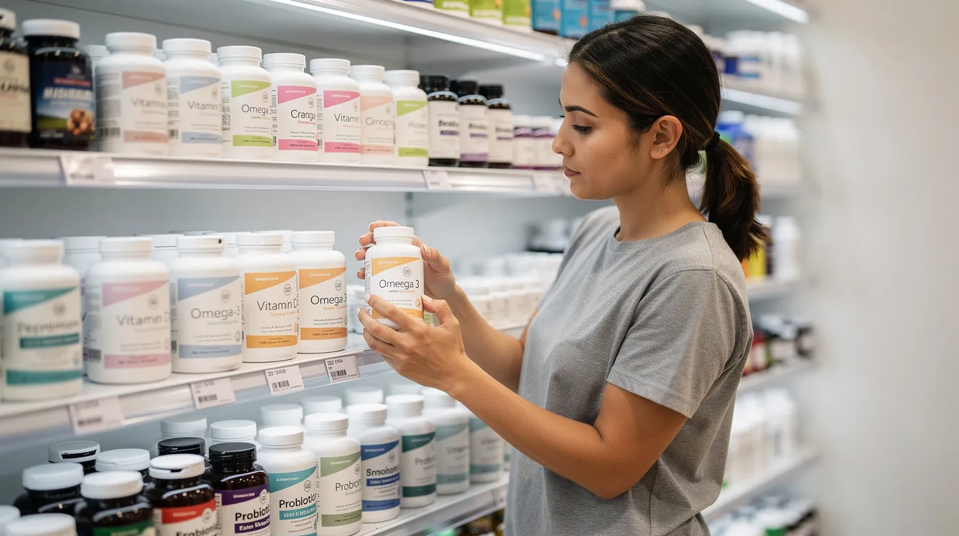 The image shows a person examining various supplement bottles on a store shelf, highlighting options that may support healthy aging and enhance energy metabolism. The scene emphasizes the importance of supplements in maintaining cellular health and combating age-related decline.