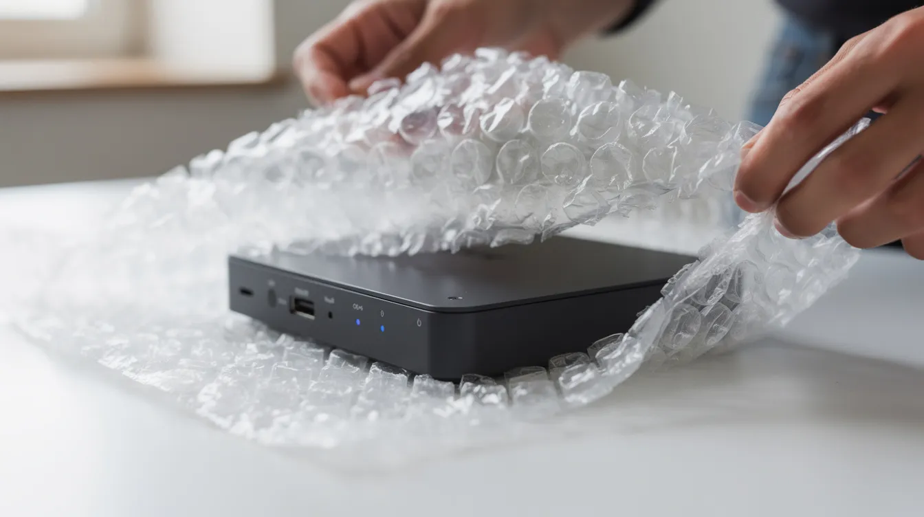 A close-up image shows a small electronic device carefully wrapped in bubble wrap, highlighting the importance of proper packaging for shipping to ensure the buyer receives it in excellent condition. This attention to detail can help sellers avoid negative feedback and save money on shipping costs.