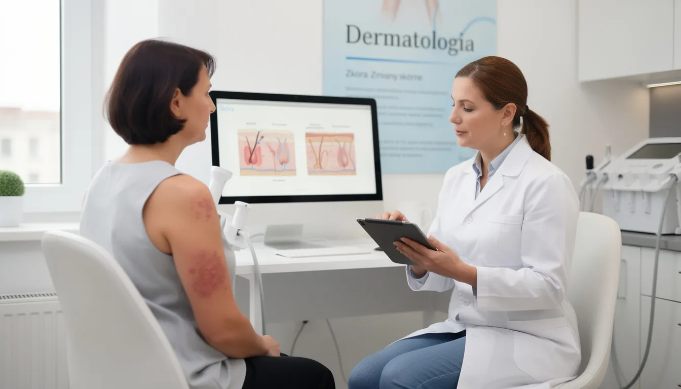 Na obrazie widoczny jest dermatolog podczas konsultacji z pacjentem, omawiający stan skóry oraz problemy związane z trądzikiem. Specjalista zwraca uwagę na różne rodzaje trądziku, takie jak trądzik młodzieńczy czy trądzik różowaty, a także omawia możliwości leczenia, w tym laserowe leczenie trądziku.