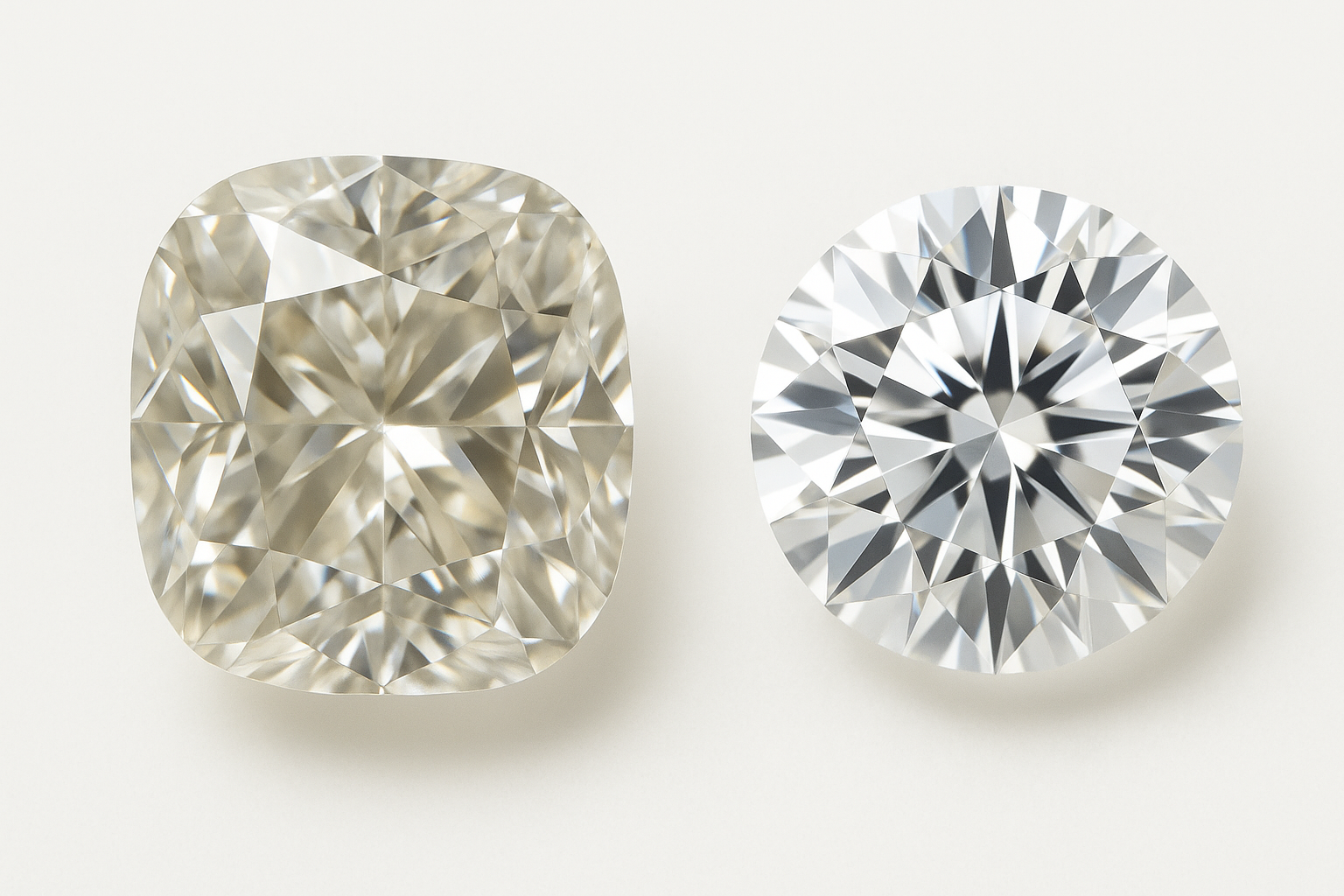 Old Mine ir modernus apvalus briliantas šalia palyginimui.