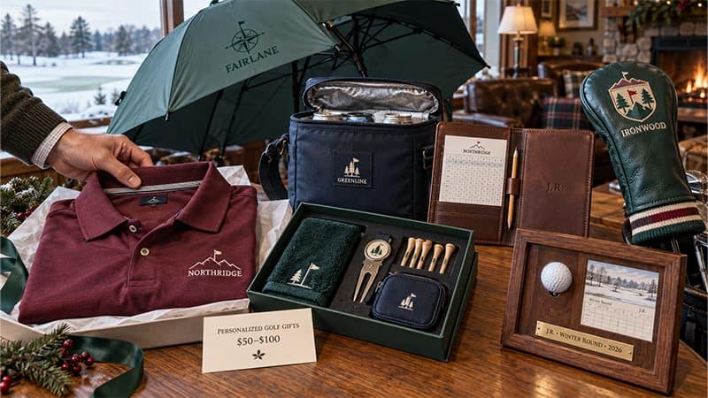 Personalized golf gifts from $50 to $100 including a polo shirt, windproof umbrella, cooler bag, scorecard holder, headcover, accessory set, and keepsake display