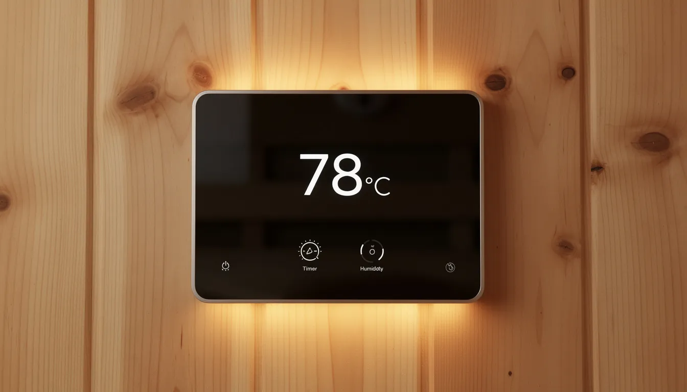 A modern digital touchscreen control panel is mounted on a wooden sauna wall, displaying the current temperature, allowing users to easily adjust settings for their sauna sessions. This smart technology enhances the sauna experience by providing personalized settings and real-time monitoring for optimal comfort and wellness.
