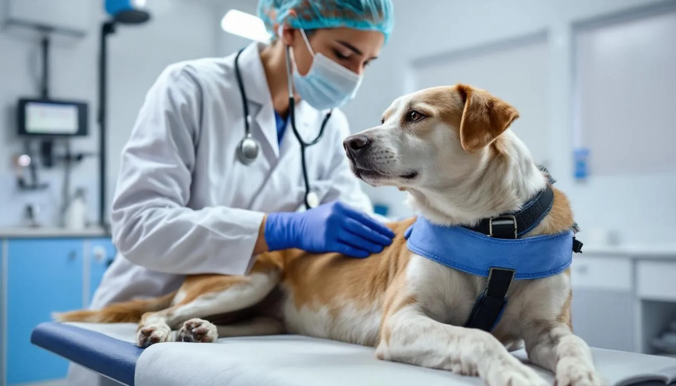 A veterinarian is examining a dog with respiratory symptoms in a clinical setting, looking for signs of canine influenza virus, a highly contagious respiratory disease. The dog appears to have a runny nose and nasal discharge, indicating possible infection with the dog flu.
