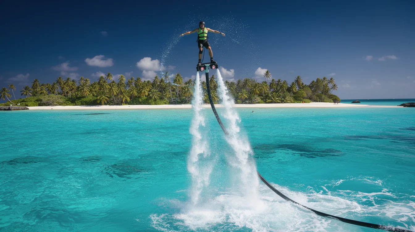 Uma pessoa está se elevando sobre águas turquesas enquanto utiliza um flyboard em um cenário tropical, refletindo a beleza das praias paradisíacas da ilha caribenha de Curaçao. Ao fundo, pode-se imaginar a paisagem exuberante e o clima ensolarado que tornam este destino um sonho para os turistas.