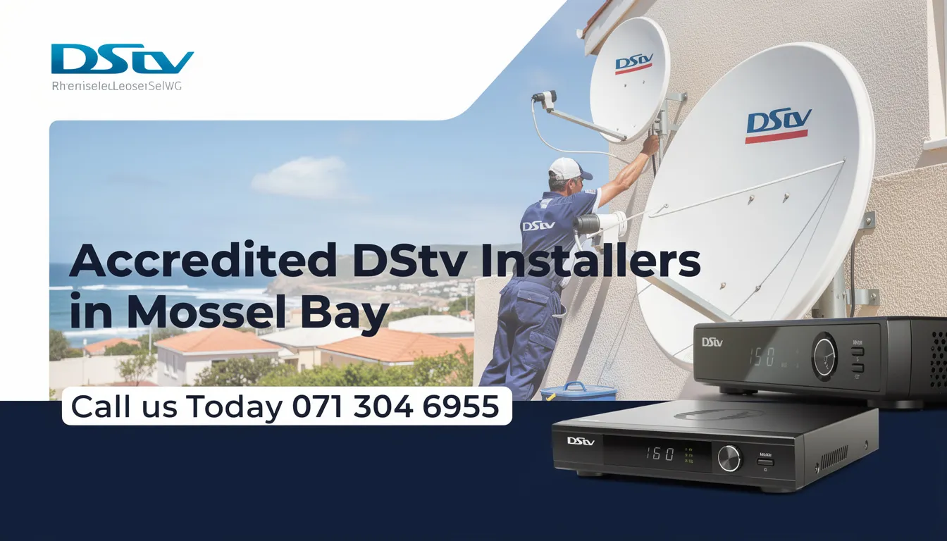The image features a promotional message for accredited DStv installers in Mossel Bay, inviting customers to call for installation services. It emphasizes the expertise of professional technicians who provide reliable DStv dish installation and repair services for optimal signal reception.