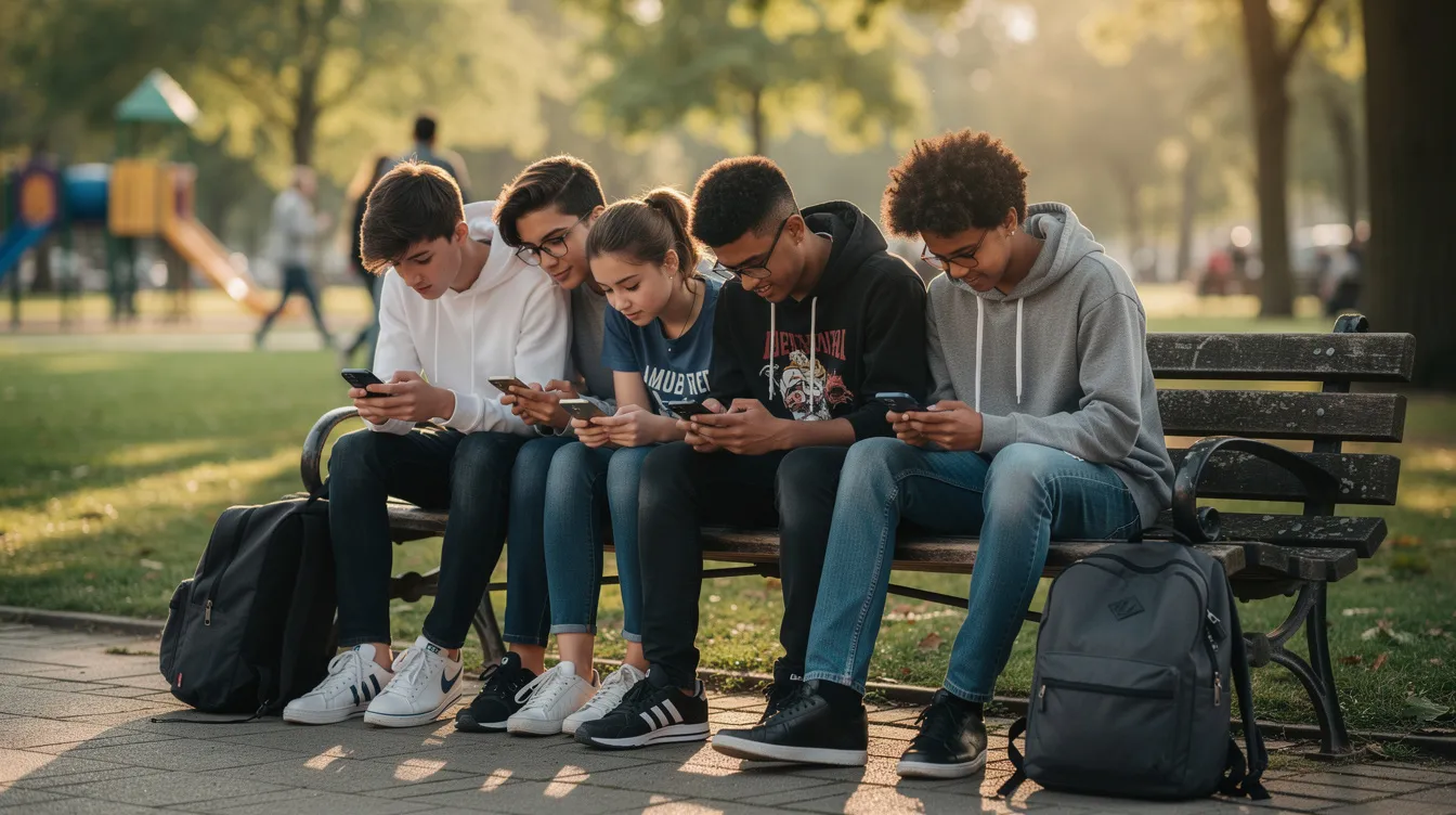 A group of teenagers sits on a park bench, each absorbed in their individual cell phones, highlighting the growing concern of screen addiction and its impact on social relationships. Instead of engaging with one another, they appear to be experiencing social isolation, which can negatively affect their emotional well-being and lead to difficulties in developing healthier habits.
