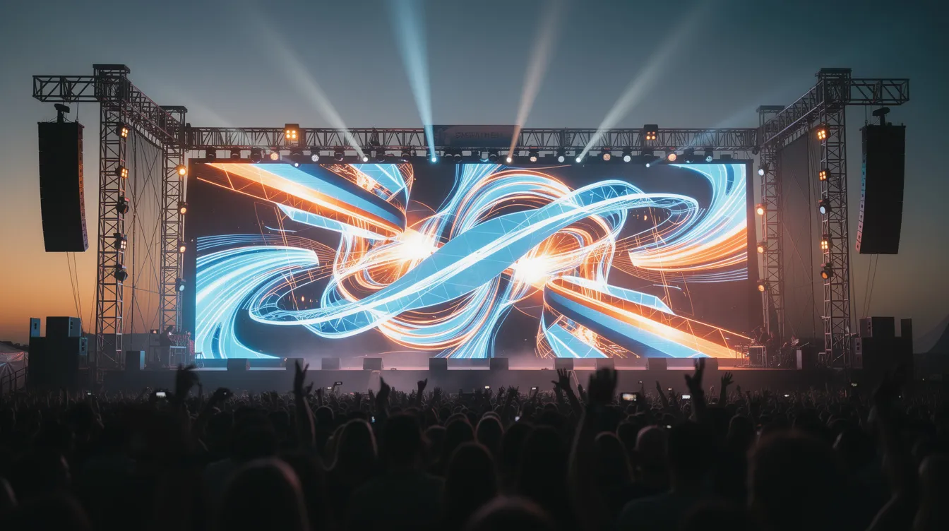 The image depicts an outdoor festival main stage at dusk, featuring a wide panoramic LED wall stage backdrop that spans the entire width of the stage. The vibrant blue and orange motion graphics on the large LED wall create an immersive visual experience, enhancing the atmosphere of the live event.