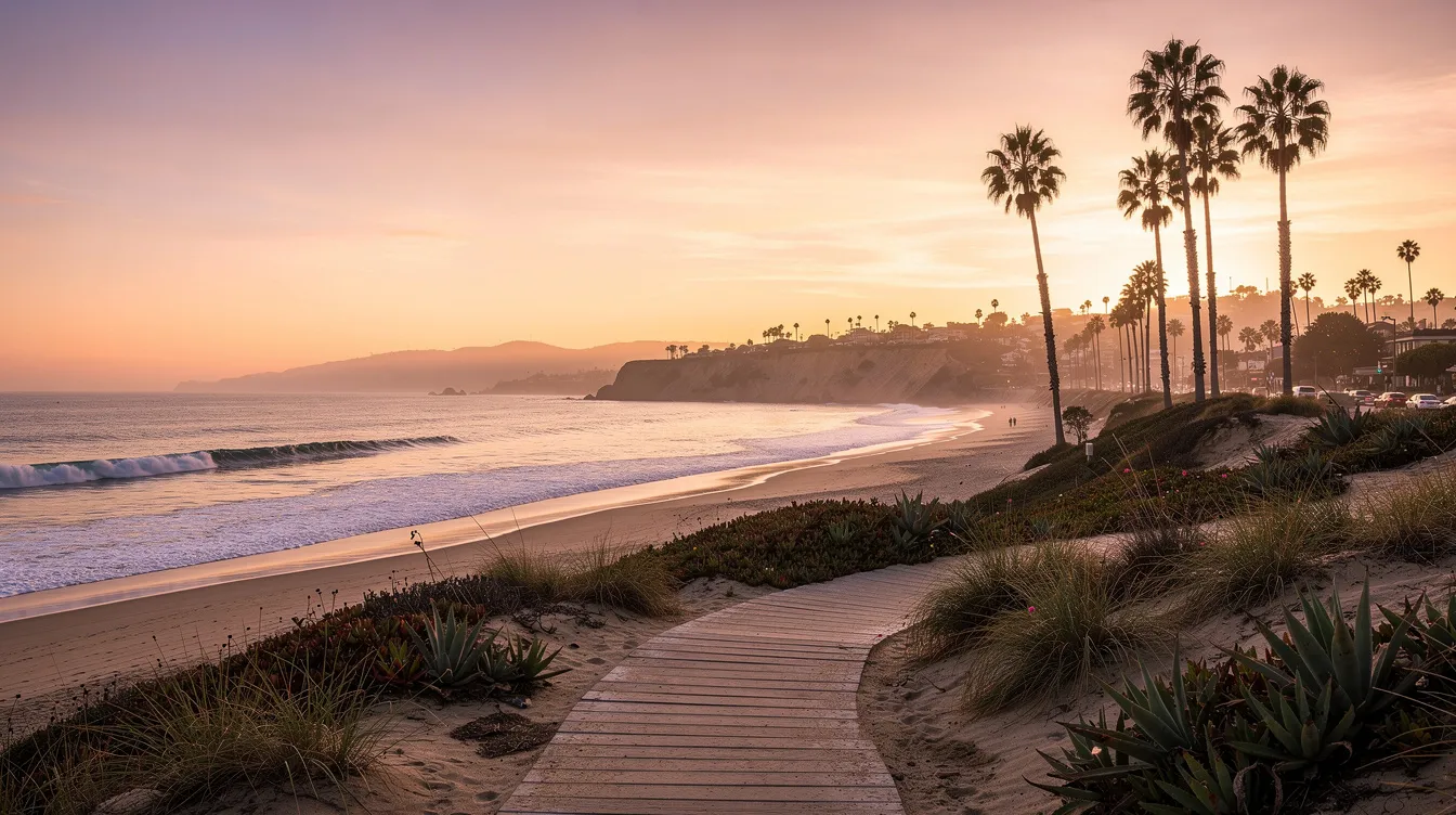 The image depicts a tranquil Southern California coastal landscape at sunset, featuring gentle ocean waves and palm trees, symbolizing wellness and recovery. This serene scene reflects the importance of mental health and employee well-being in creating a supportive and mentally healthy workplace.