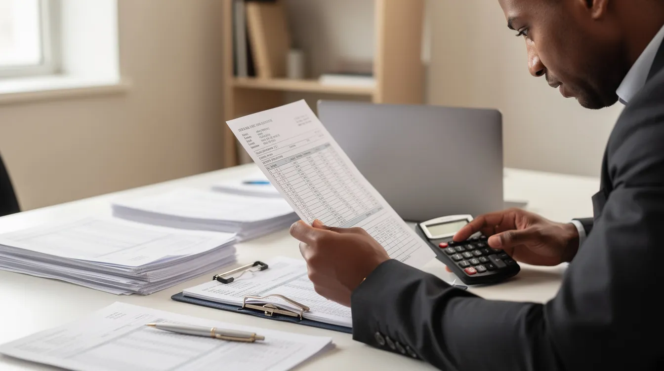 cbccb904 fddd 475d 9b11 f12845e618fa A person is seated at a desk, meticulously reviewing bank statements and various financial documents, while using a calculator to analyze their cash flow and loan eligibility. This scene highlights the importance of financial assistance for entrepreneurs, particularly in the context of business loans and the Mudra Yojana scheme in India.