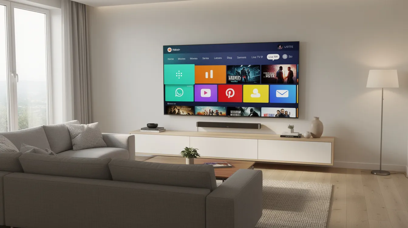 The image depicts a modern living room featuring a large flat screen television showcasing a vibrant streaming interface filled with channel tiles, perfect for accessing various live TV channels and on-demand content through an IPTV service. The setup emphasizes high-quality streaming and the convenience of smart TVs, catering to modern viewers who enjoy seamless entertainment options.