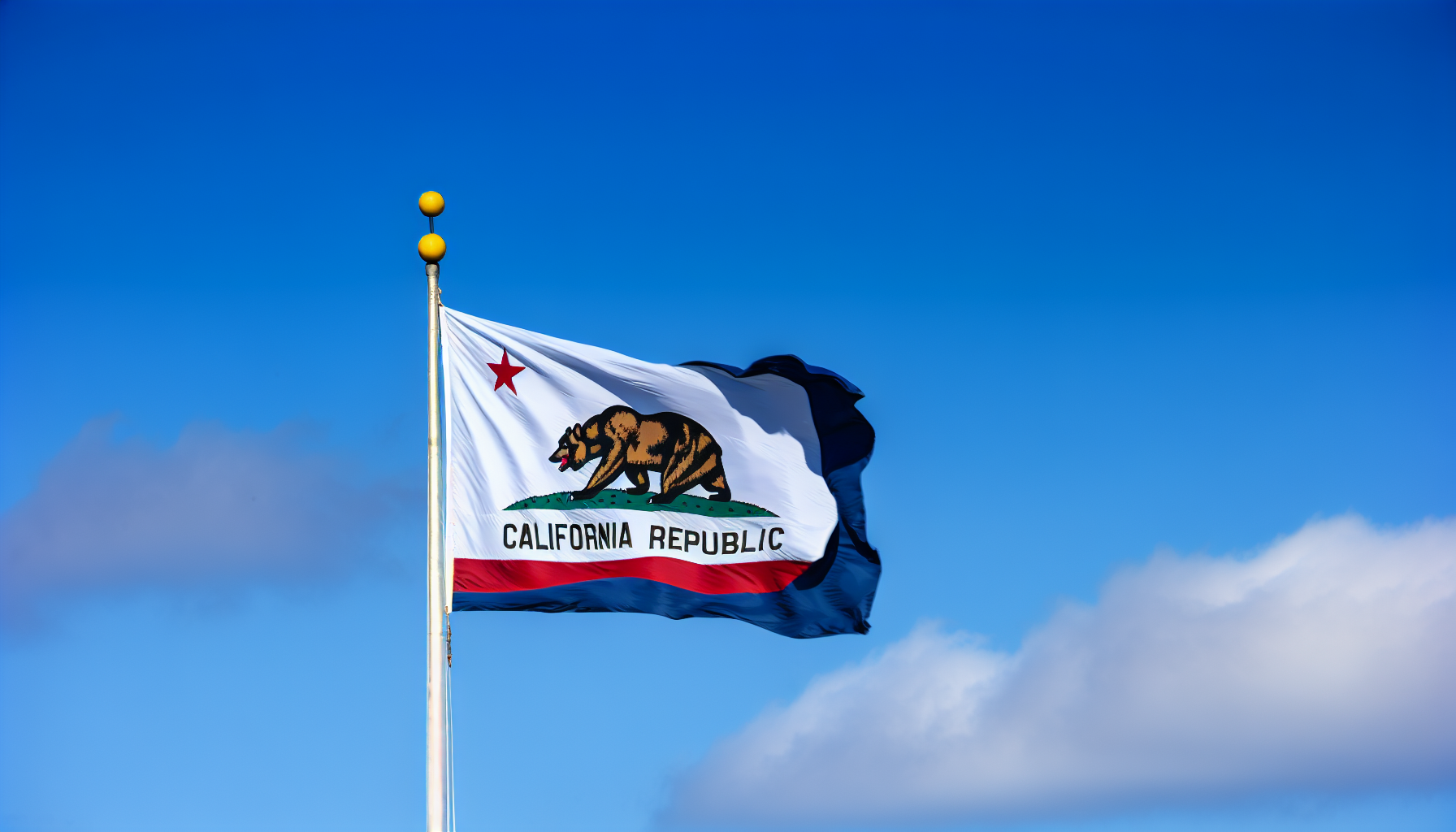 A California state flag flying against a clear blue sky
