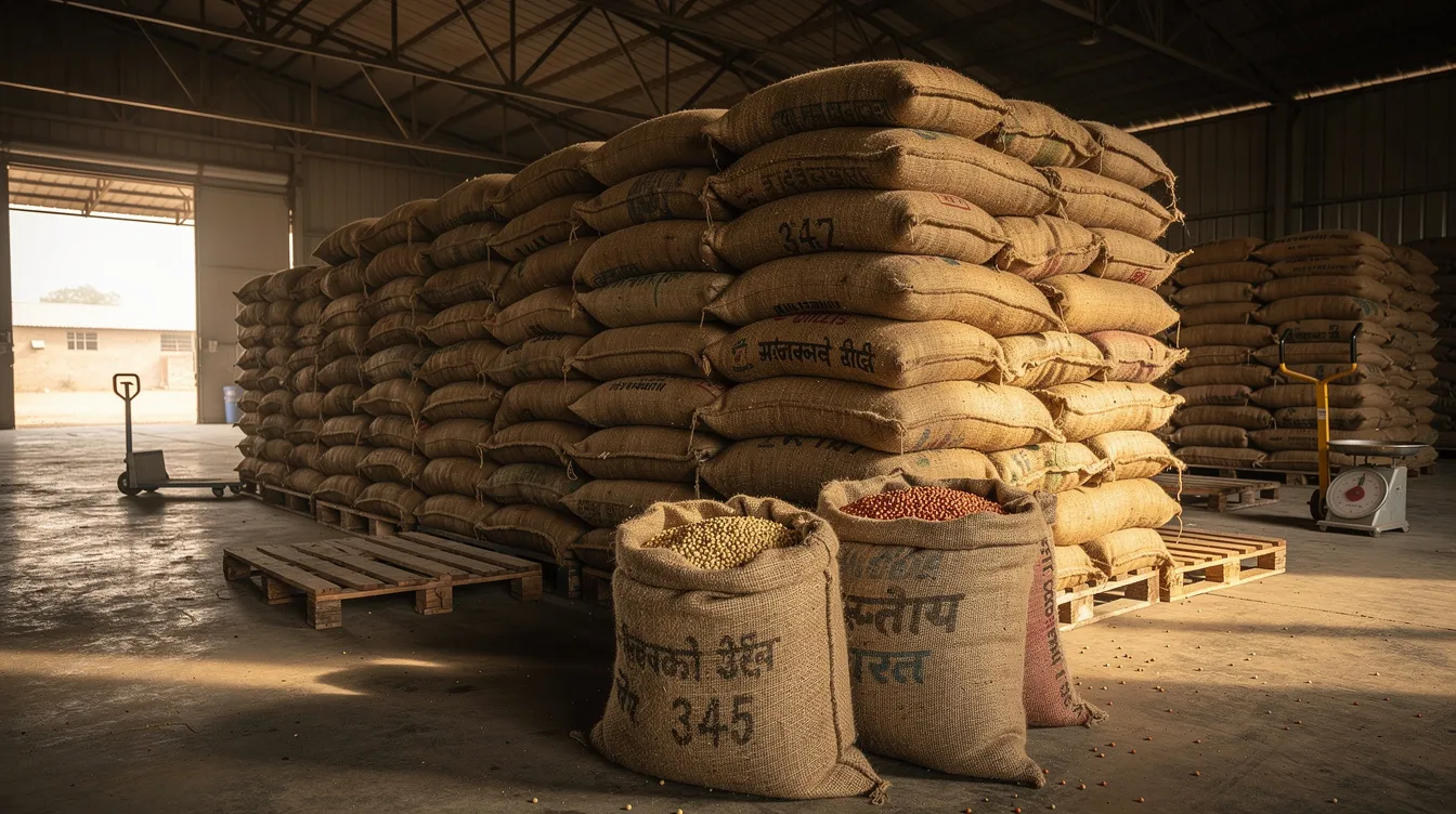 The image shows a stack of burlap sacks filled with cleaned pulses, neatly arranged in an industrial warehouse in India. This setting highlights the efficient cleaning and grading processes typically employed in a seed processing plant, showcasing the quality material produced to meet customer demand.