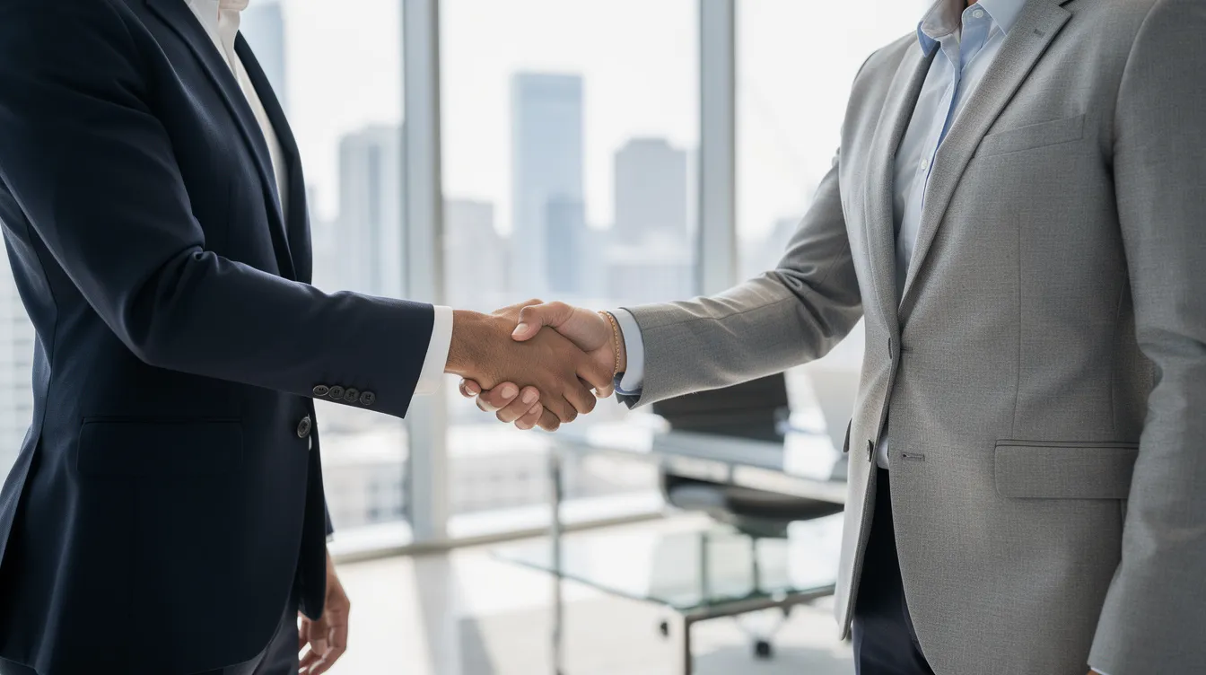 The image depicts a professional handshake between two individuals in a modern office, symbolizing a successful partnership or agreement. This scene could represent the collaboration between Nashville expungement attorneys and their clients navigating the expungement process to clear a person's criminal record under Tennessee law.