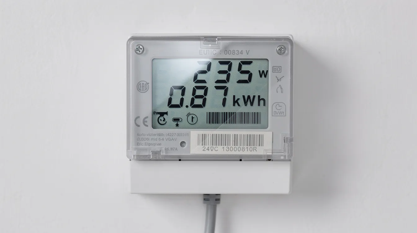 The image shows an energy meter displaying real-time power consumption readings, highlighting the electricity usage of various appliances, including electric sauna heaters. This visual representation can help users understand their sauna's energy consumption and associated costs, particularly for traditional electric saunas and energy-efficient options.