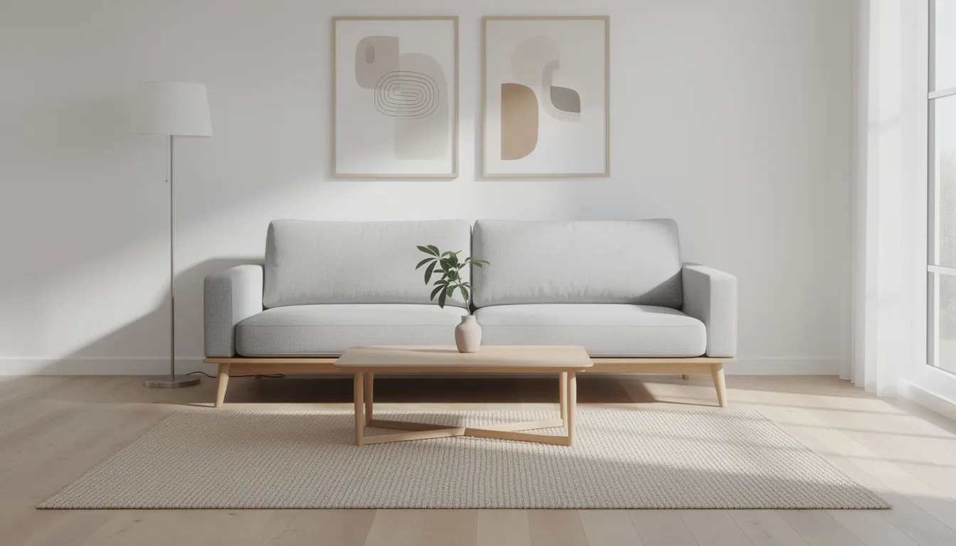 Ett modernt vardagsrum med en skandinavisk bäddsoffa i ljusgrått tyg och träben, som erbjuder en bekväm sittplats och extra sovplats för gäster. Rummet har en stilren design och en harmonisk färgpalett som skapar en inbjudande atmosfär.