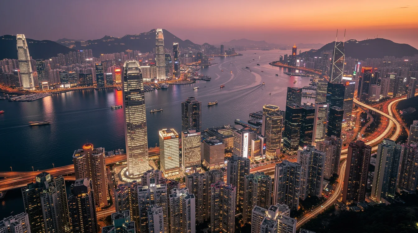An aerial view of Hong Kong's cityscape showcases a stunning array of skyscrapers illuminated by the dusk sky, with the bustling harbour reflecting the vibrant lights. This scene captures the essence of urban life, where financial institutions play a key role in the landscape, highlighting the importance of 二線 財務 and potential 債務 重組 for individuals navigating their financial journeys.