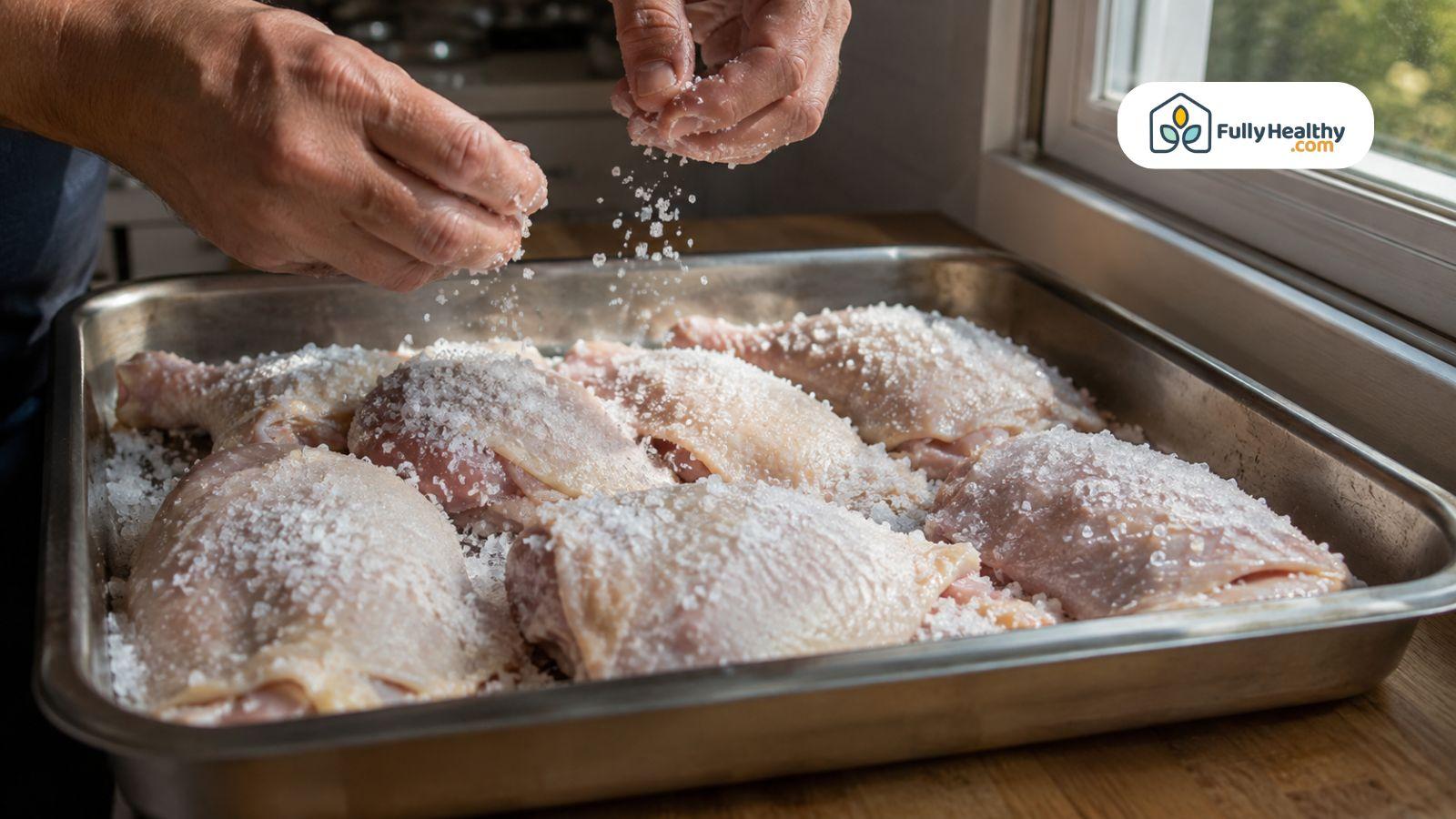 Coarse salt being applied to raw chicken during the traditional koshering process.