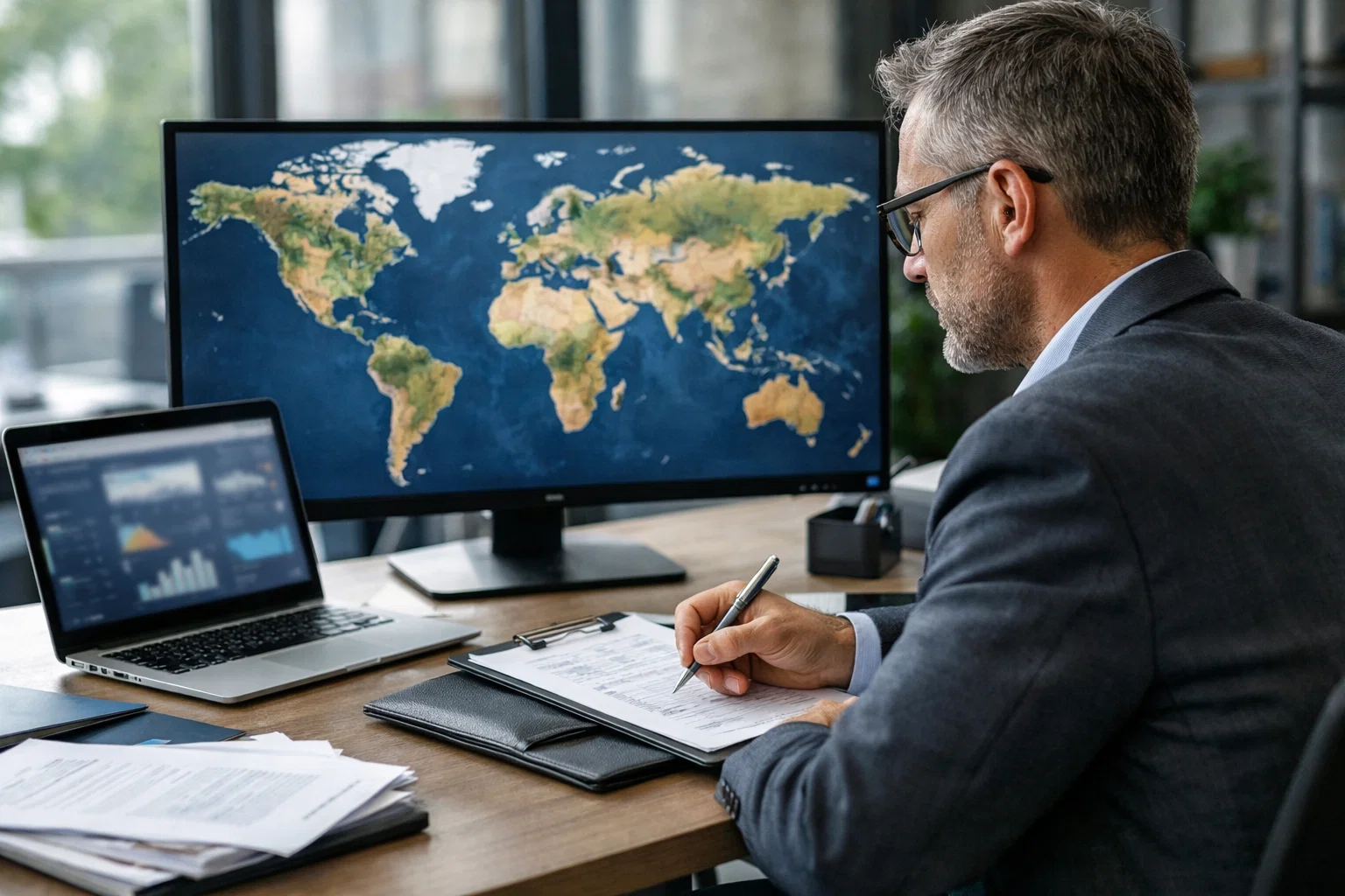 Insurance professional reviewing international market data on office computer