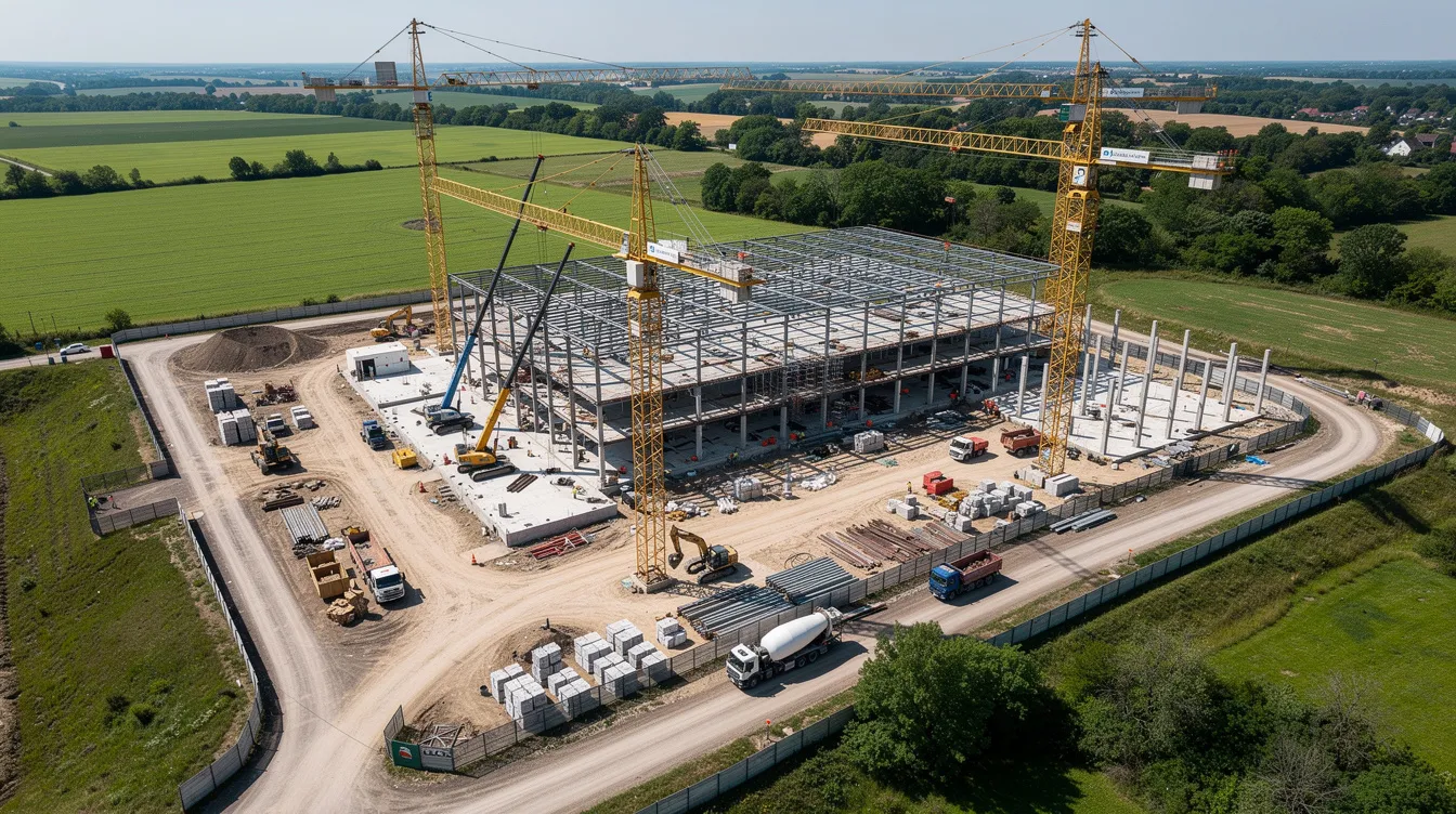 An aerial view captures a large commercial construction project with cranes and steel frameworks, surrounded by green terrain and bustling construction vehicles. This scene highlights the importance of workplace safety and the positive reputation of contractors committed to maintaining a strong safety culture on-site.