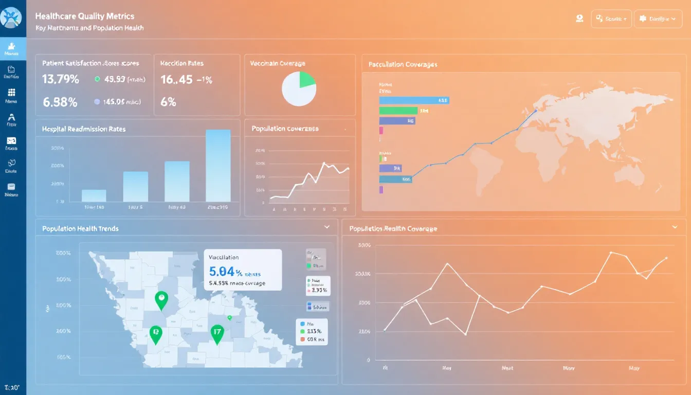 The image depicts a data visualization dashboard that presents various healthcare quality metrics and trends in population health, showcasing colorful graphs and charts. This visual representation aids healthcare professionals in analyzing patient data and improving health outcomes through effective data collection methods.