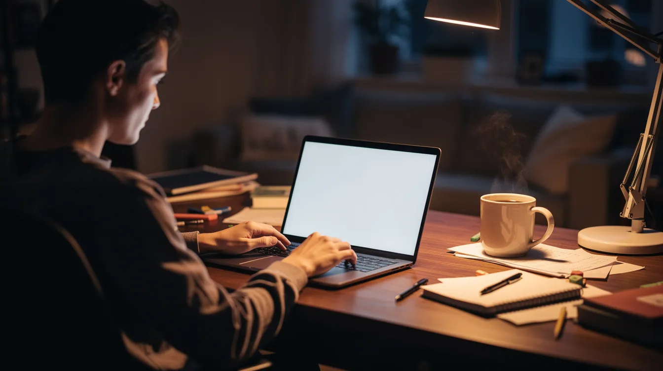 A person is seated at a home desk in the evening, focused on their laptop while a coffee mug sits nearby, suggesting they may be engaged in social media management or developing a business plan for their own small business. The cozy atmosphere hints at the potential for a side hustle or passive income venture.