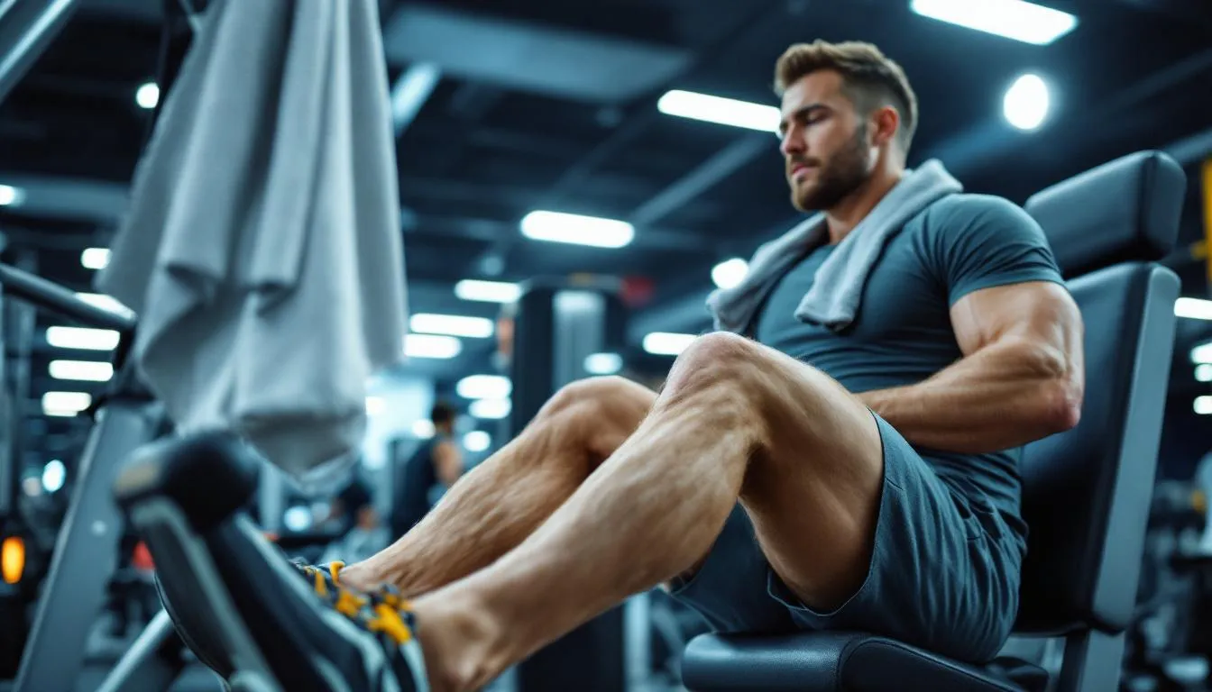 A person is performing knee strengthening exercises in a gym, focusing on maintaining stability and proper form to help prevent knee pain and injuries. The environment features gym equipment and a mat, emphasizing the importance of physical therapy for healthy knee joints.