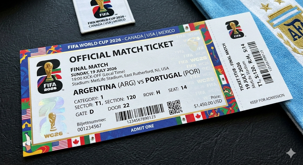 Biljett till finalen i Fotbolls VM 2026 på MetLife Stadium i USA, där världsmästerskapet i fotboll 2026 avgörs 19 juli efter matcher som spelas i USA, Kanada och Mexiko.