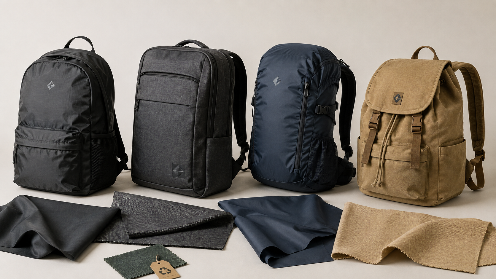 Backpacks displayed with polyester, Oxford, nylon, canvas, and recycled fabric swatches