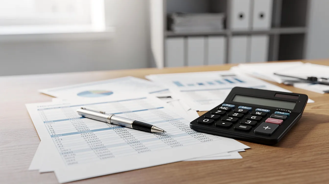 The image shows financial documents, a calculator, and a pen neatly arranged on a wooden desk, reflecting a professional office environment focused on project cost analysis for the hotel industry. This setting suggests a detailed project report or feasibility study related to hotel construction costs and associated financial planning.