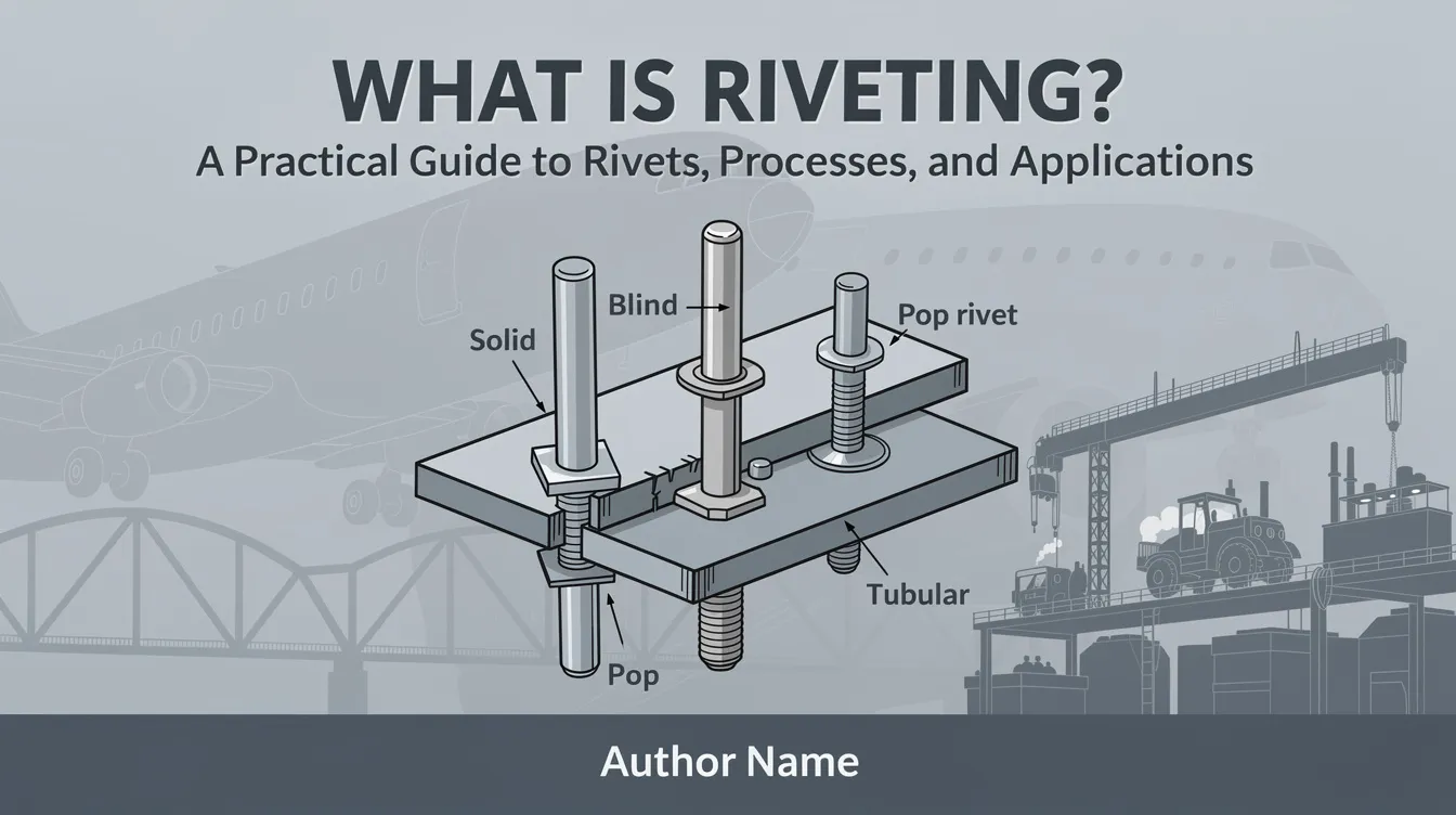 The image illustrates various types of rivets, including solid rivets, blind rivets, and tubular rivets, showcasing their different head styles such as round head and flat head. It also highlights the riveting process, featuring tools like a pop rivet gun and crimping tool, emphasizing their application in creating permanent mechanical connections in industrial settings.