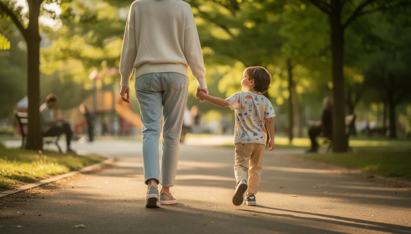 A parent gently holds their child's hand while walking through a lush green park, symbolizing the importance of family and the need for thoughtful estate planning to protect loved ones' futures. This image evokes the idea of creating customized estate plans to ensure a secure legacy for families in San Diego County.
