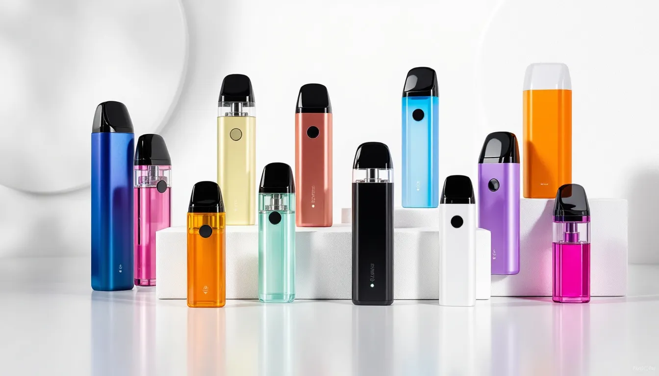 An assortment of prefilled pod vapes displayed on a table.