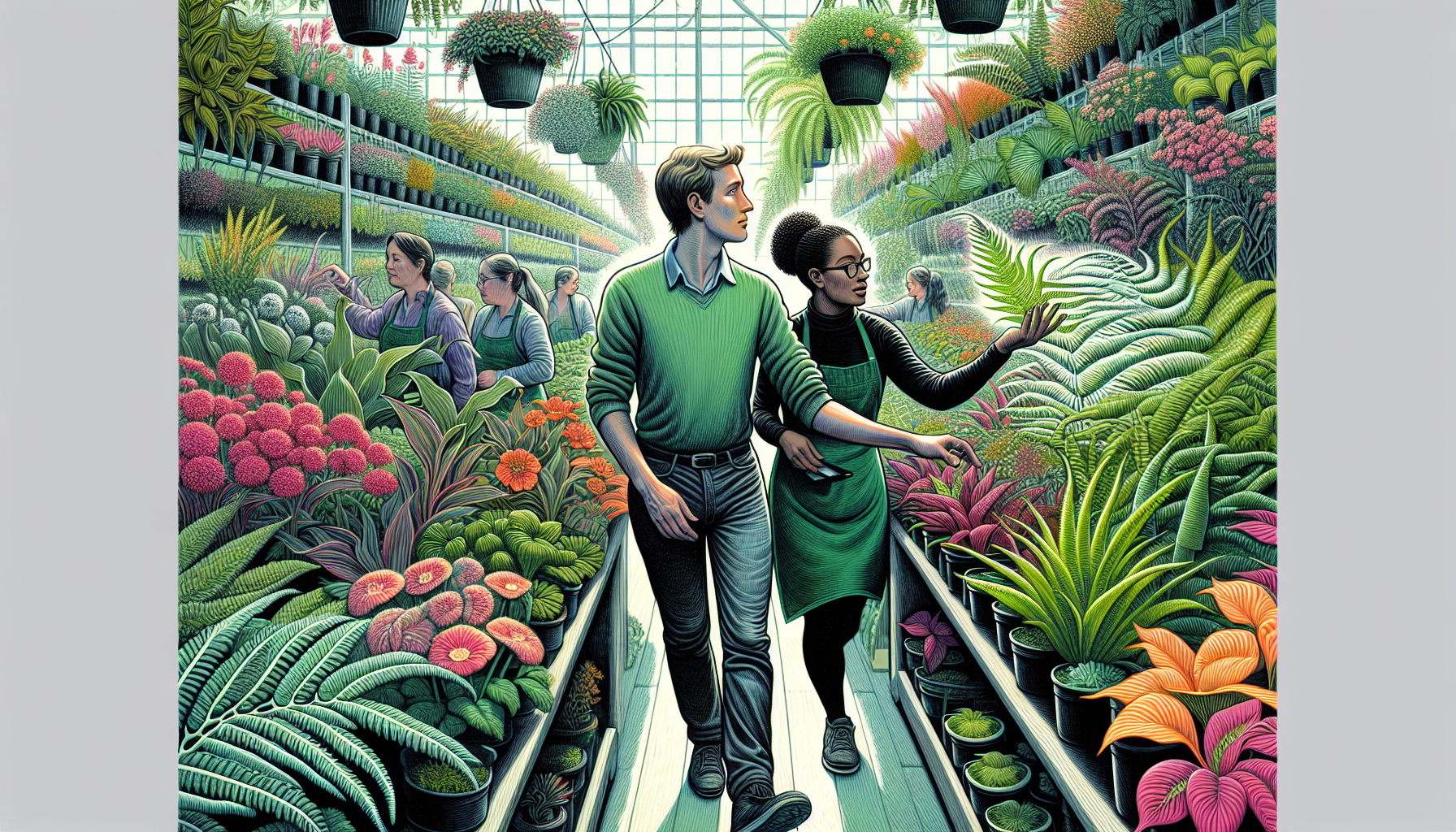 Illustration of a customer exploring plants in a retail nursery